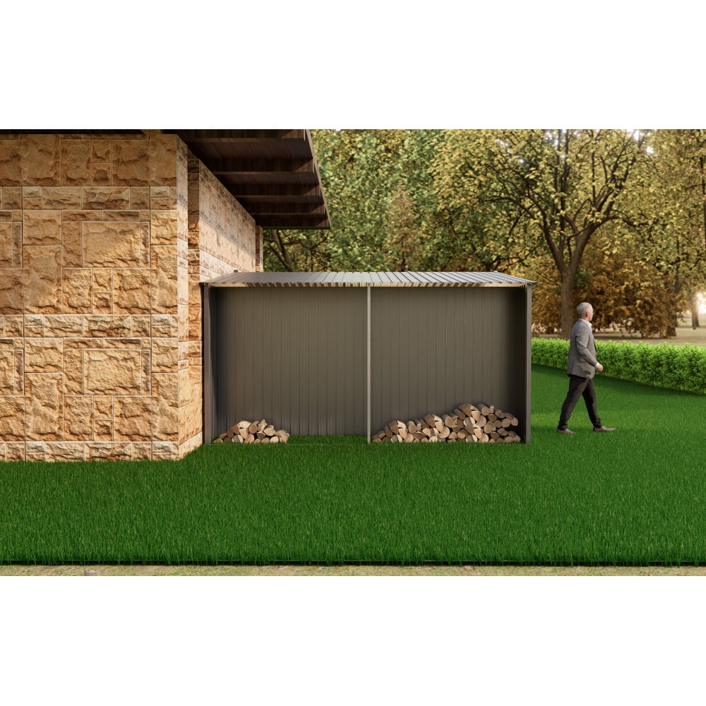 Versatile 11ft x 13ft Grey Outdoor Storage Shed – Dual Function as Metal Shed and Firewood Shed! Perfect for Organizing Tools and Storing Firewood in Style!