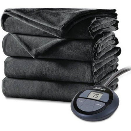 Sunbeam Heated Electric Velvet Plush Blanket with 10 heat settings, Queen, Slate