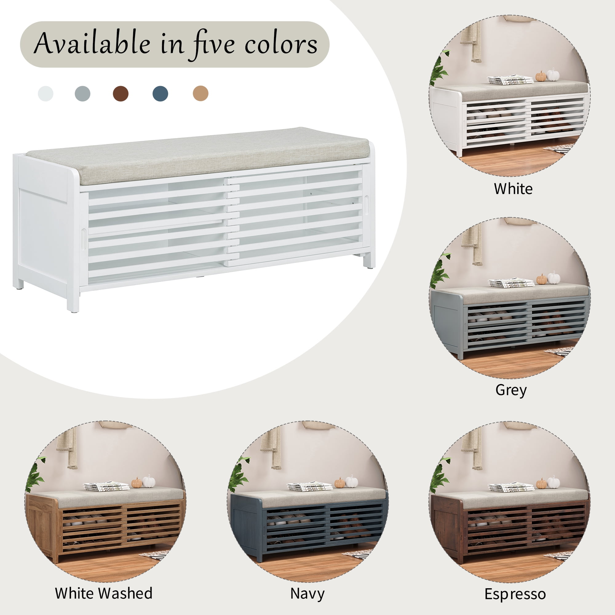 Euroco Shoe Bench with Storage and Cushion, Distressed Shutter Storage Bench with Retro Charm for Living Room, Entryway (White)