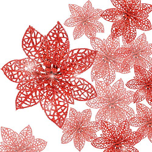 Boao 24 Pieces Glitter Poinsettia Christmas Tree Ornament Christmas Flowers Decor Ornament 3/4/6 Inches Red