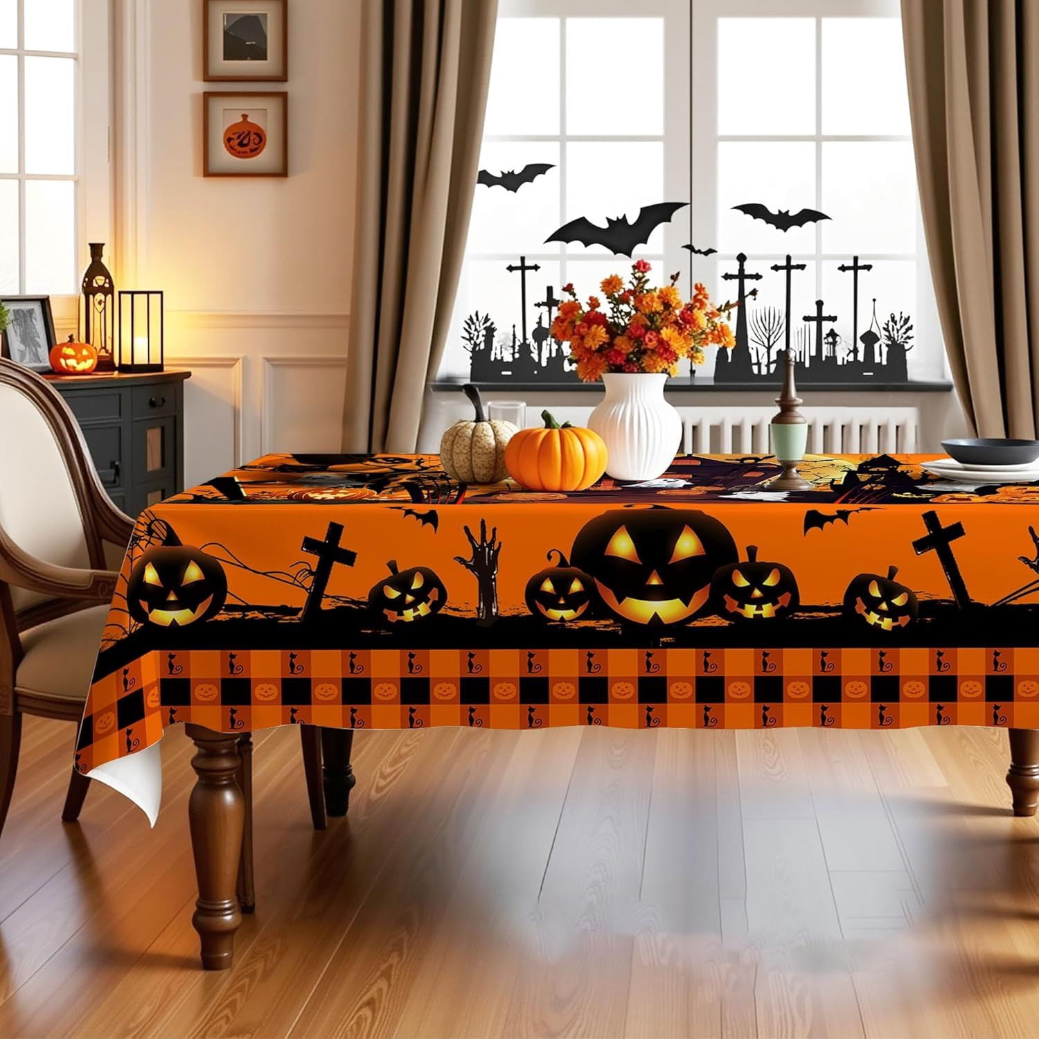 Halloween Tablecloth with Pumpkin Castle Ghost Design for Dining Table