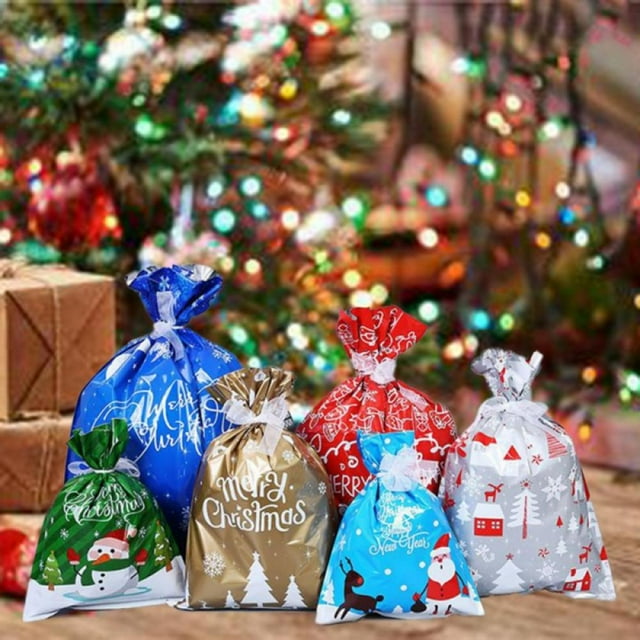 5 Pcs Drawstrings Christmas Gift Bags Assorted Sizes, Holiday Gift Bag Bulk Christmas Bags For Gifts Wrapping, Reusable Plastic Xmas Presents Party Favor Goody Bags Jumbo/Extra Large/Medium/Small
