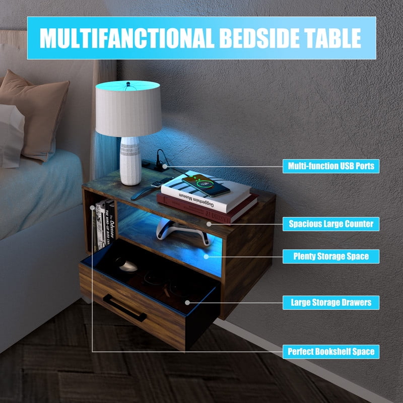 LED Nightstand with Remote Control 26.8” Modern Floating Nightstand with USB Port and Outlet for Bedroom, Rustic Brown
