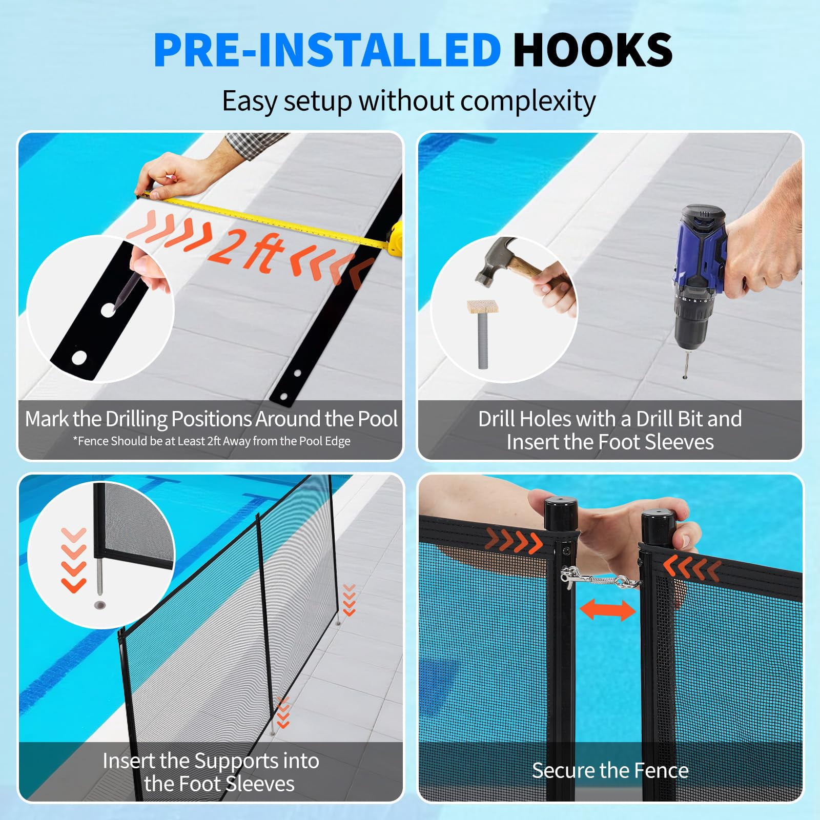 Pool Fence 4Ft x 108Ft, 320GSM Mesh with Stainless Steel Frame for Inground/Above Ground Pools, Swimming Pool Fence for Backyard Garden Pool Safety