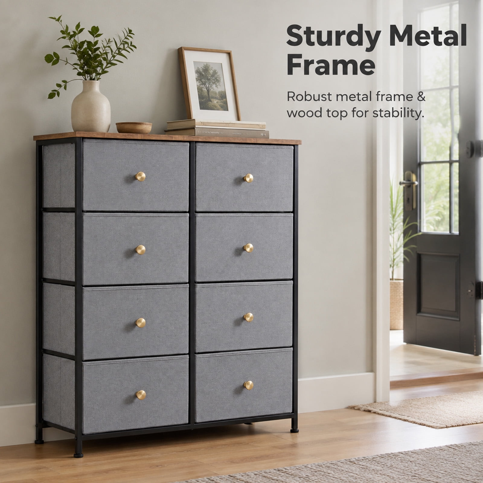 Alvantor 8/9 Drawer Fabric Dresser, Storage Tower for Bedroom and Closet, Chest of Drawers with Sturdy Steel Frame & Wooden Top for Living Room, Entryway