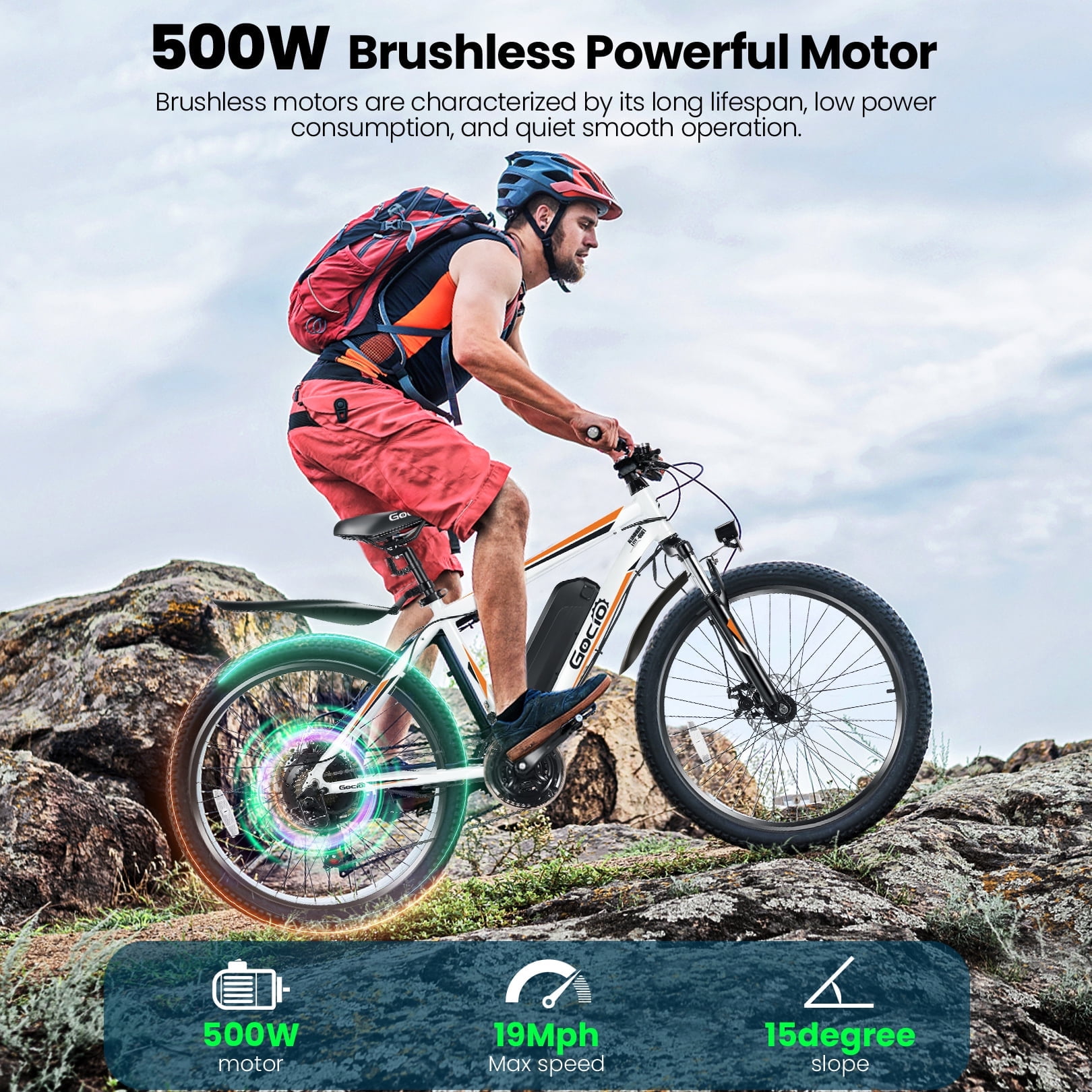 Gocio Peak 750W Electric Bike 26" Electric Bicycle for Adults Max 19.8mph Cruise Control System Ebike, 48V 375Wh Mountain Bike, 21 Speed for Man Woman UL2849 Certified