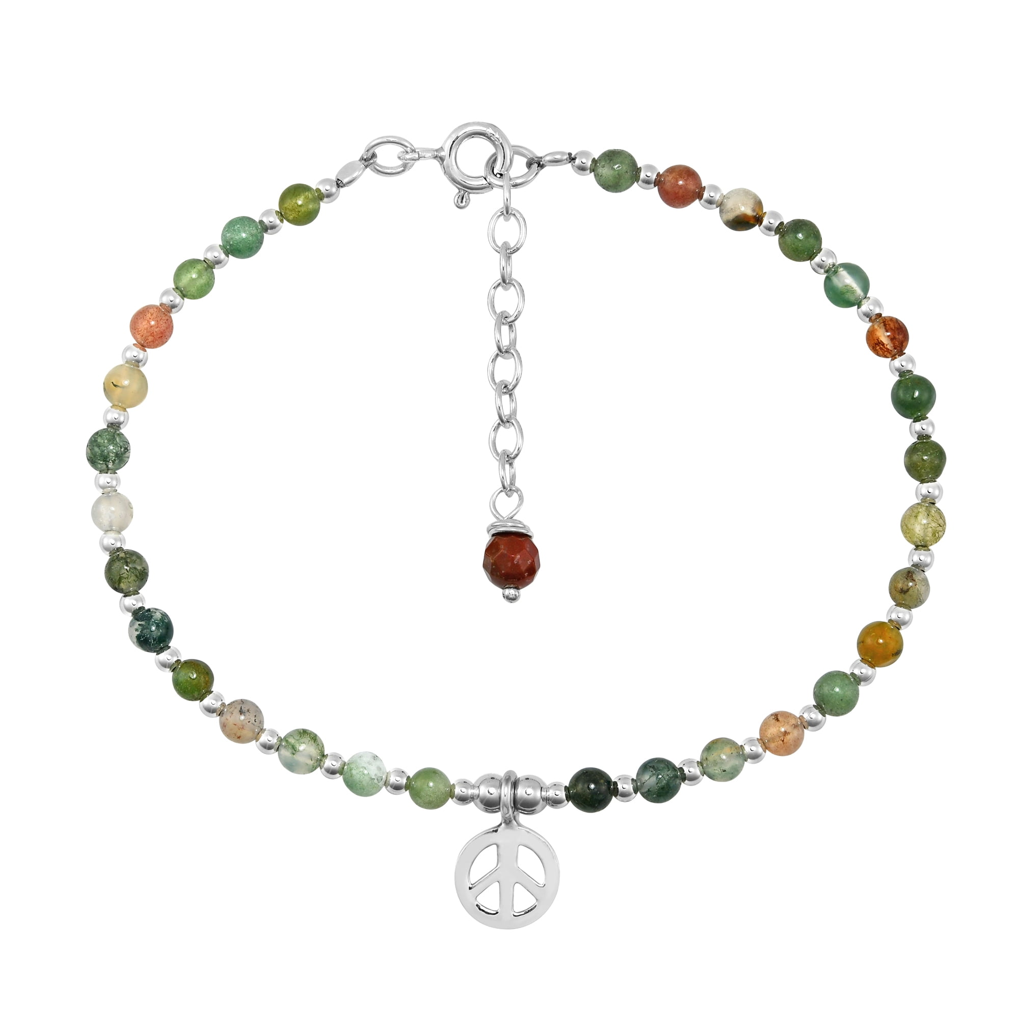 Iconic Peace Symbol Lucky Seven Color Jade .925 Sterling Silver Beaded Bracelet