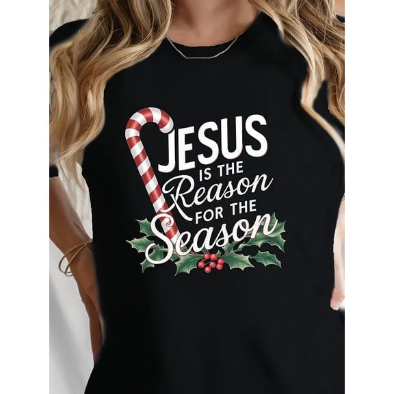 Christian Christmas T-Shirt, Jesus Is The Reason For The Season Candy Cane Print Tee