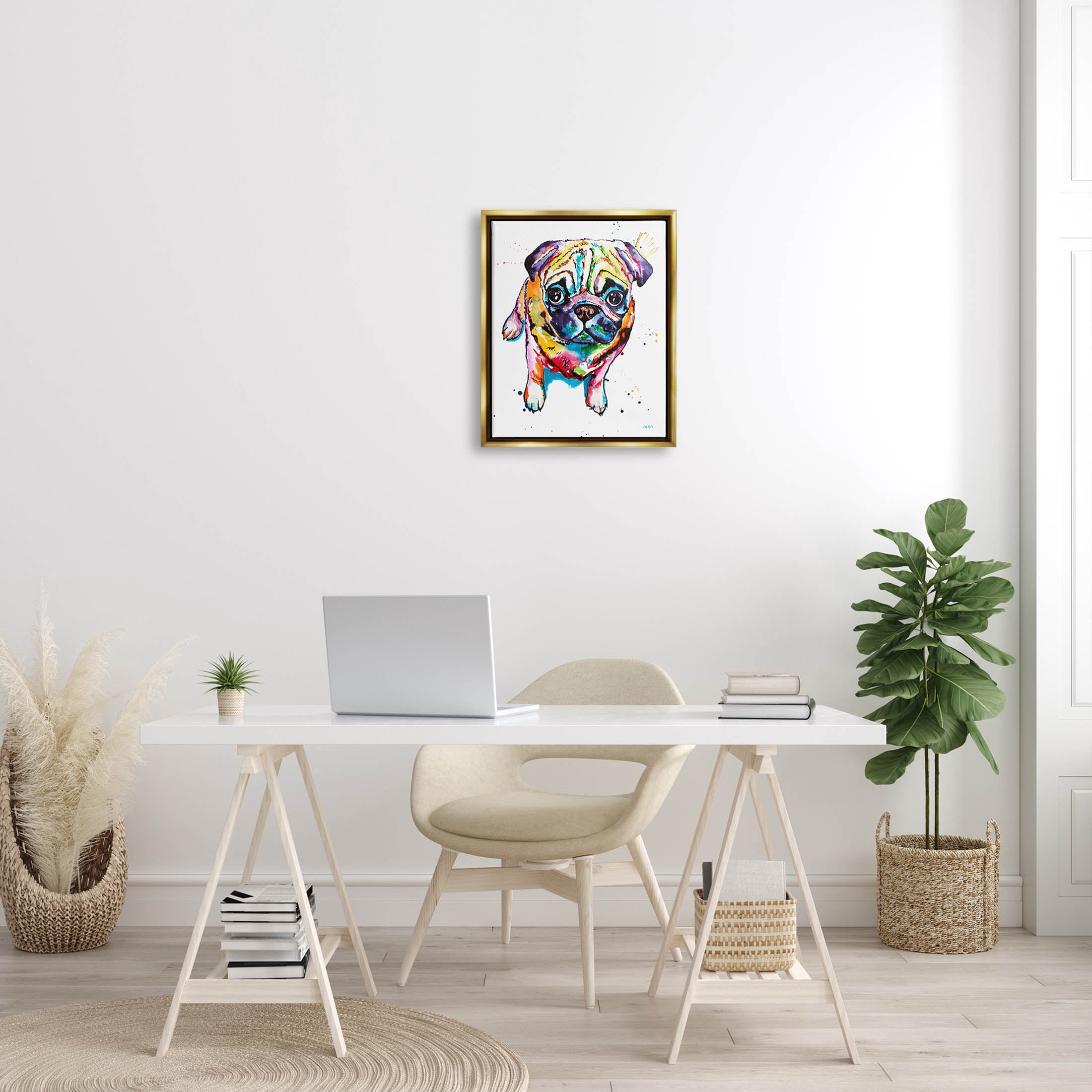 Fun Hued Pug Puppy Animal Animals & Insects Graphic Art Metallic Gold Framed Art Print Wall Art