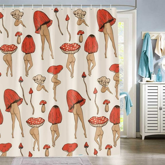 Hippie Mushroom Funny Shower Curtain, Cute Butt Mushroom Vegetarian Botanical Vegan Vintage Bath Curtains, Psychedelic Minimalistic Aesthetic Plants Waterproof Bathoom Curtain Sets with Hooks