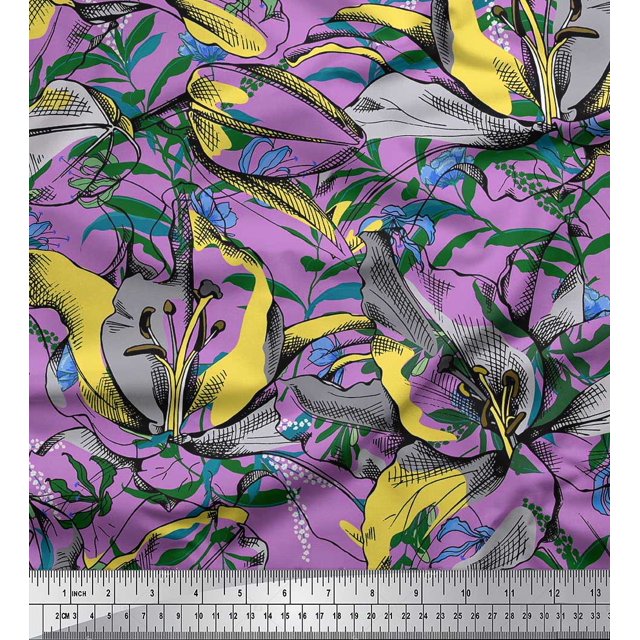 Soimoi Purple Poly Georgette Fabric Leaves & Floral Decor Fabric Printed BTY 42 Inch Wide