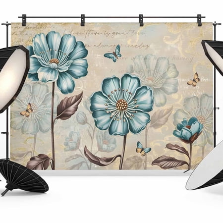 Photo Backdrop 5x7 ft Blue Tulip Floral Photography Backdrops CurtainsButterfly Vintage Blossoms Flowers Photo Booth Drapes for Backdrop Photoshoot Wedding Party Birthday Background Screen
