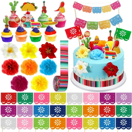 Fullhawl 58 Pcs PresNok Mexican Fiesta Cake Topper Mini Papel Picado Banner Flags Serape Ribbon Flower Decor Fiesta Cake Decorations for Mexican Themed Birthday Party Supplies