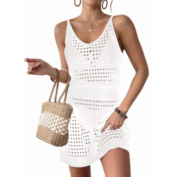 Summer Crochet Hollow Out Knit Beach Bathing Suit Swim Cover Ups Cruise Outfits Vacation Dresses for Women White S
