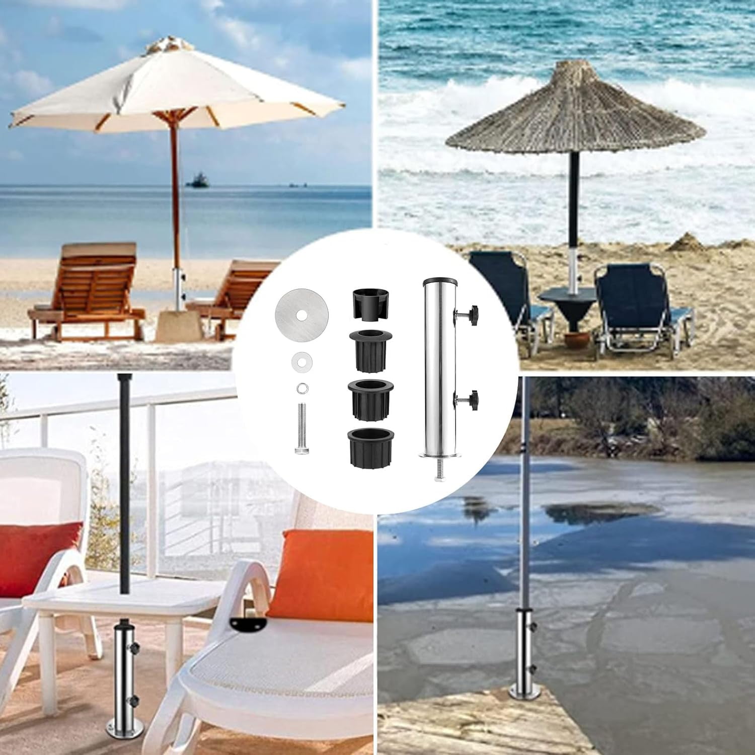 Patio Umbrella Stand Base,Deck Mount Umbrella Holder,Universal Parasol Standpipe with 3 Pieces  Reducing Ring,Umbrella Baser Standpipe for Granite, Cement Panel
