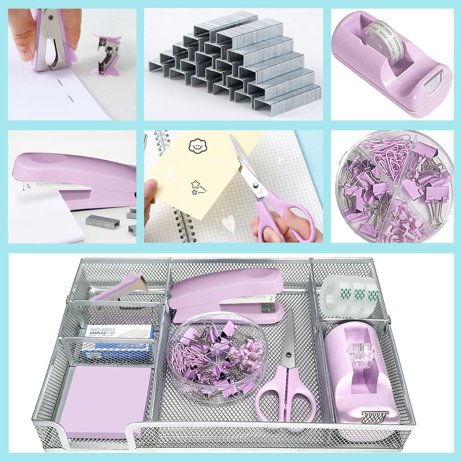Purple Office Desk Accessories Supplies Set Stapler And Tape Dispenser Staple Remover  Staples Paper Clips Scissor Sticky Note Drawer Organizer