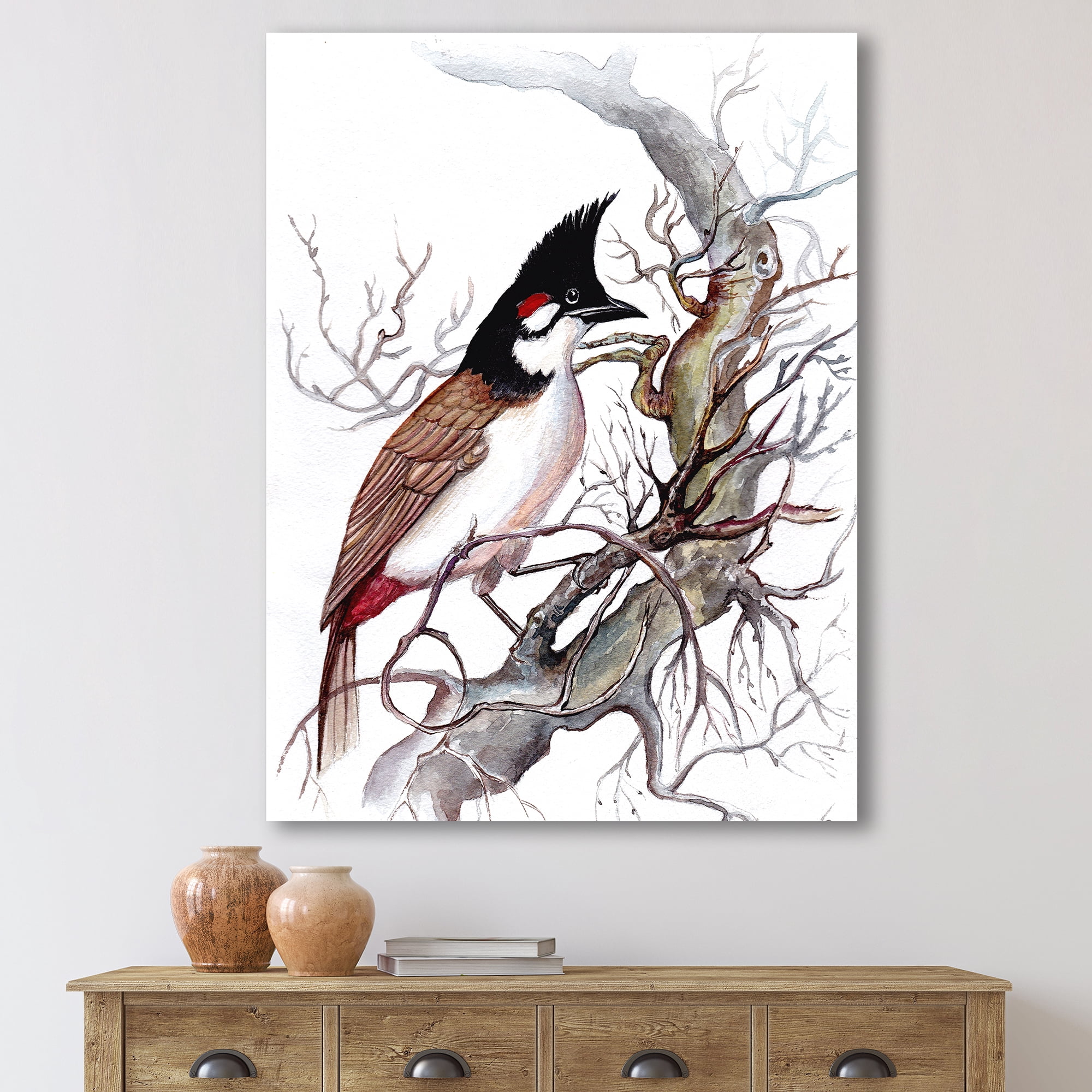 Ancient Beautiful Bird On A Branch 24 in x 32 in Painting Canvas Art Print, by Designart