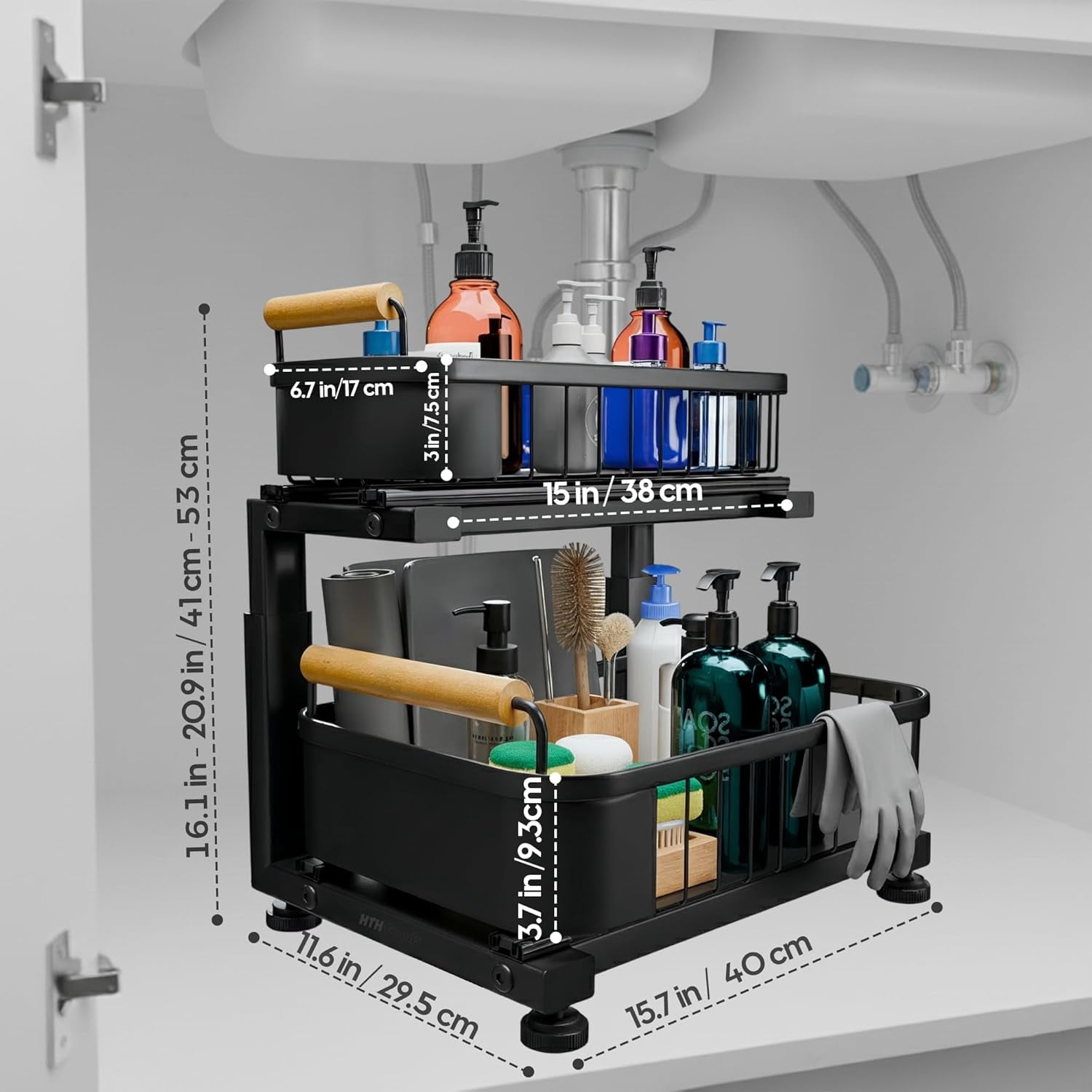 Premium Heavy Duty Carbon Steel Under Sink Organizer, Large 2 Tier Pull Out Cabinet Organizer with 7 Adjustable Heights and Smooth Ball Bearing Sliding Baskets for Bathroom & Kitchen Storage