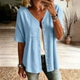 thumbnail image 2 of Stamzod Shackets for Women Casual V Neck Button Down Shirt Tops Summer Beach Short Sleeve Shacket Blue B L, 2 of 7