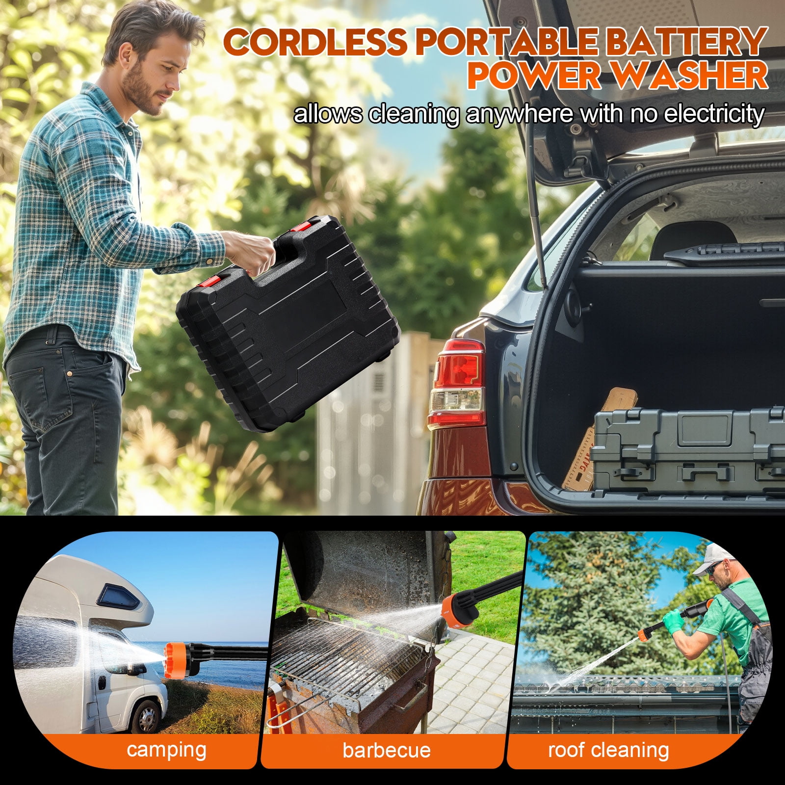 Tanbaby Cordless Pressure Washer, Portable Power Washer with 2×3000mAh Battery, 550W 2.4GPM, 6-in-1 Nozzle, Electric Power Cleaner with 17ft Hose for Car Patio Floor