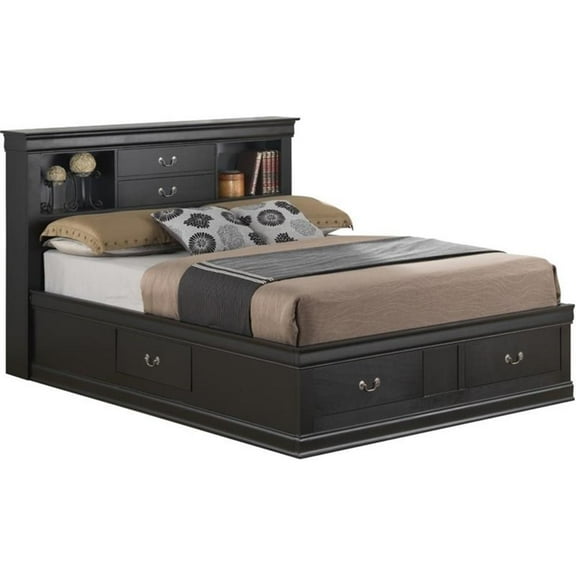 Maklaine Traditional Wood Queen Bookcase Storage Bed in Black