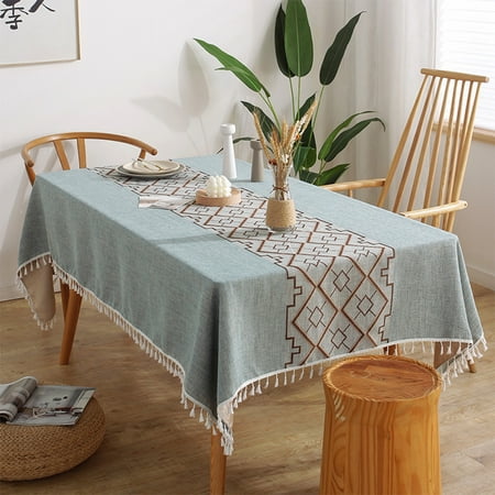 

Ritualay Table Cloths Geometric Print Tablecloth Tassels Polyester Tablecloths Washable Decorative Home Decor Round Embroidered Green) 55.12x70.87 in