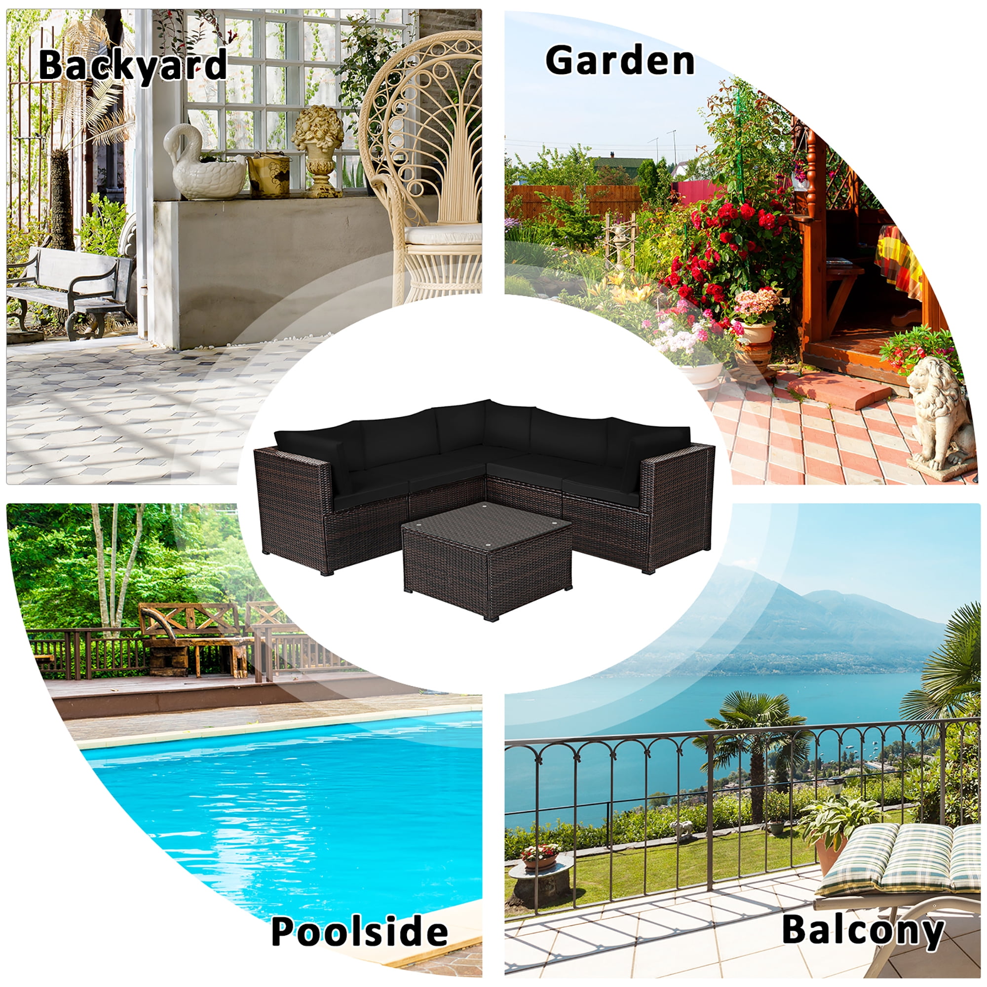 Costway  6PCS Patio Rattan Furniture Set Sectional Cushioned Sofa Deck Black