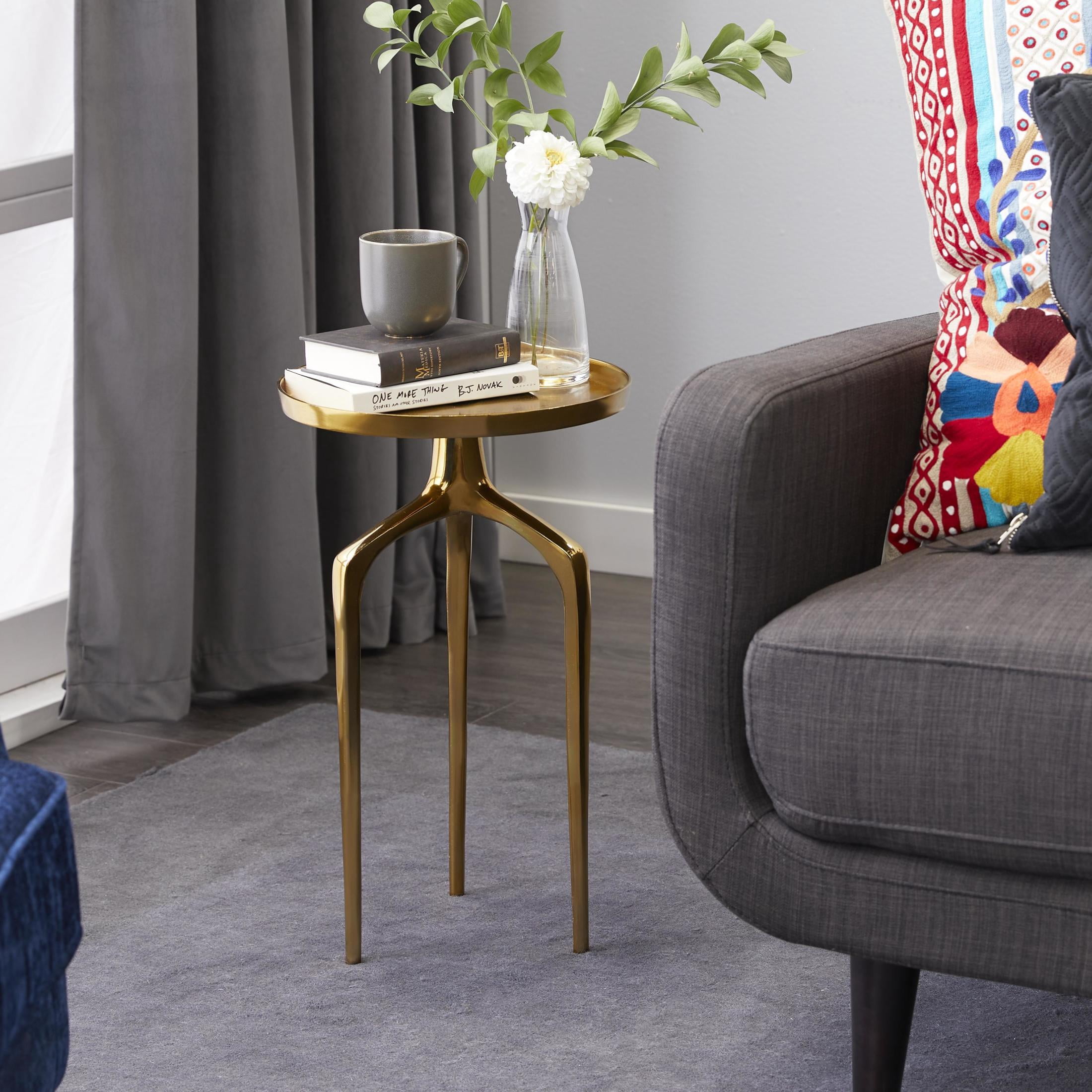 DecMode Contemporary Aluminum Round Tripod Side Table with Shiny Gold Finish, 13"W x 22"H