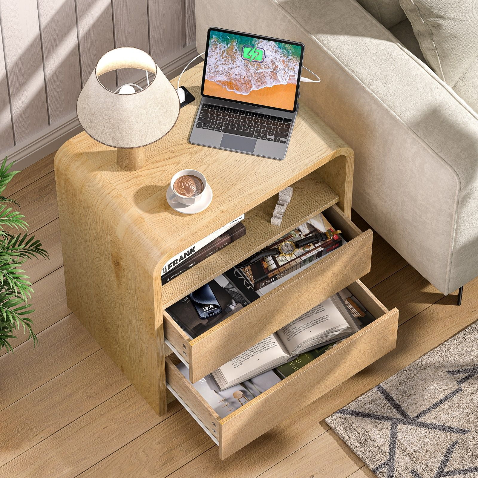 Hommoo Modern 25" Wood Nightstand with Built-in Charging Station, 2-Drawer Mid-Century Bedside Table with 2 AC Outlets & 2 USB Ports, Natural