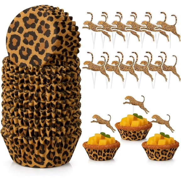 200 Counts Cheetah Print Cupcake Liners and 200 Counts Leopard Animal Cupcake Toppers Safari Theme Baking Cups Cake Wrappers Greaseproof Muffin Liners for Birthday Theme Party Supplies