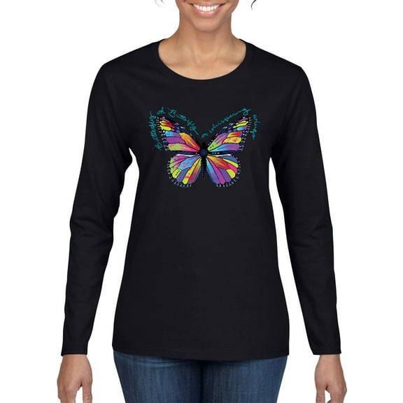 Colorful Butterfly Oh Butterfly On Whispering Wings Animal Lover Womens Graphic Long Sleeve T-Shirt, Black, Small