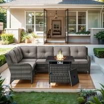 PARKWELL Outdoor Patio Furniture Set with Fire Pit Table,All-Weather Conversation L-Shaped Sectional Sofa with No-slip Thick Cushions,Backyard Porch Garden Poolside Balcony Set,Gray/Gray