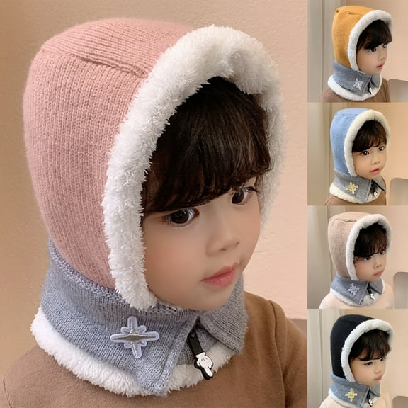 2-in-1 Children Knitted Cap Autumn Winter Boys Girls Woolen Plush Hat Cap Scarf