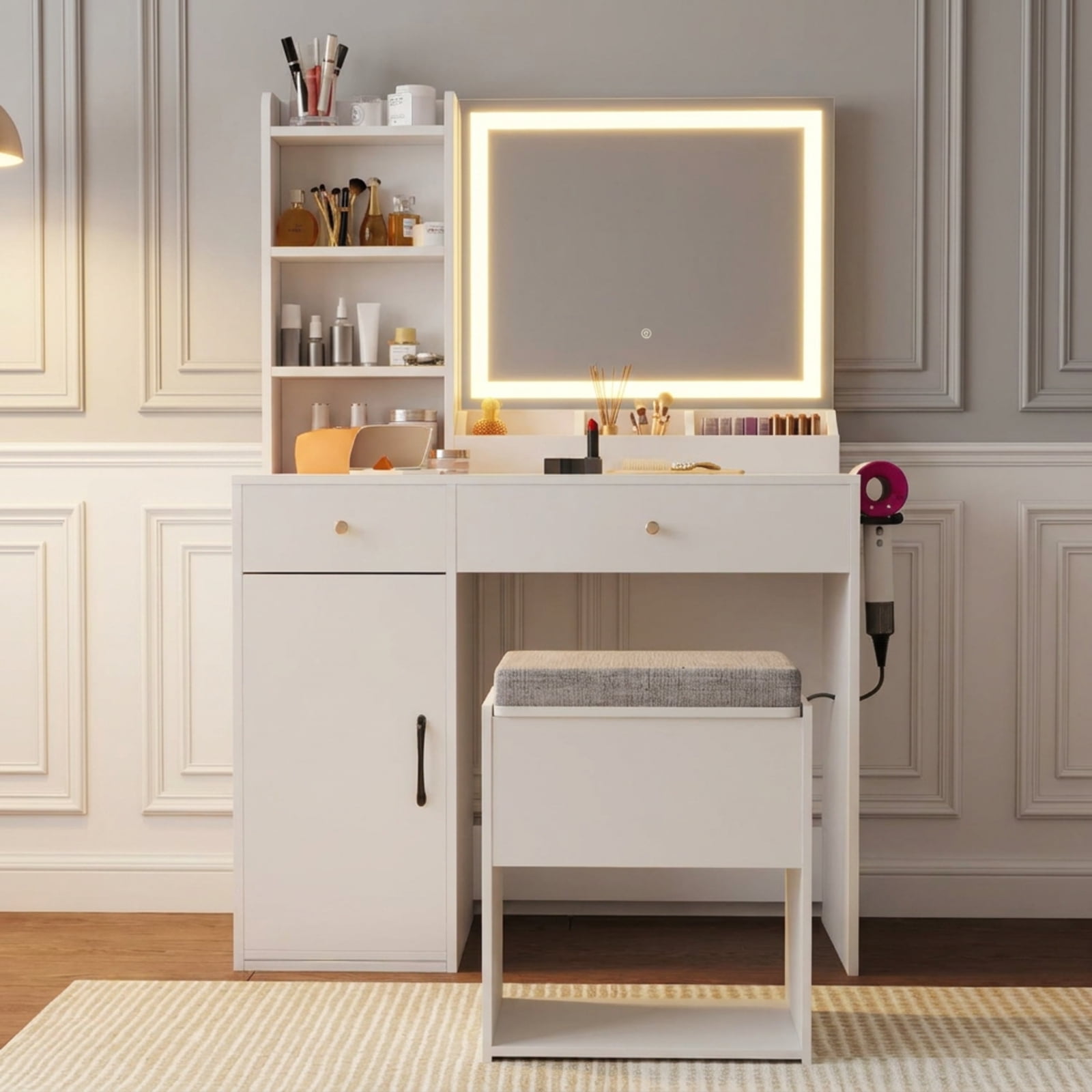 Furnibear Vanity Desk with Mirror and 3-Color Adjustable Lights and Chair Set with Power Outlet USB Ports for Bedroom Makeup Room, White