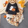 thumbnail image 2 of Bellafa Baby Girl Halloween Outfit Ruffle Long Sleeve Crew Neck Pumpkin Ghost Print Tops Shirt+ Bell Bottoms Toddler Fall Outfits, 2 of 8