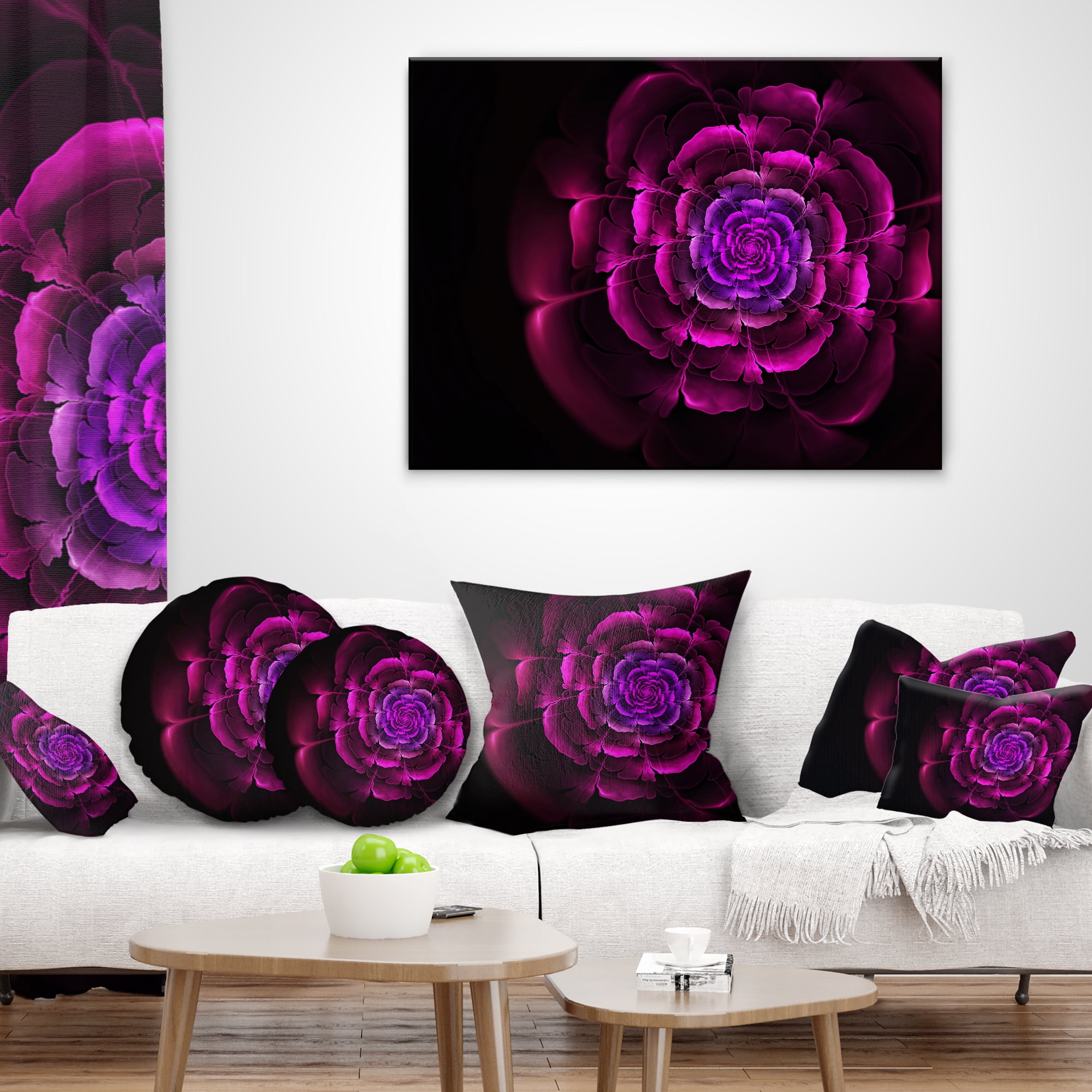Designart Fractal Purple Rose in Dark - Floral Throw Pillow - 16x16