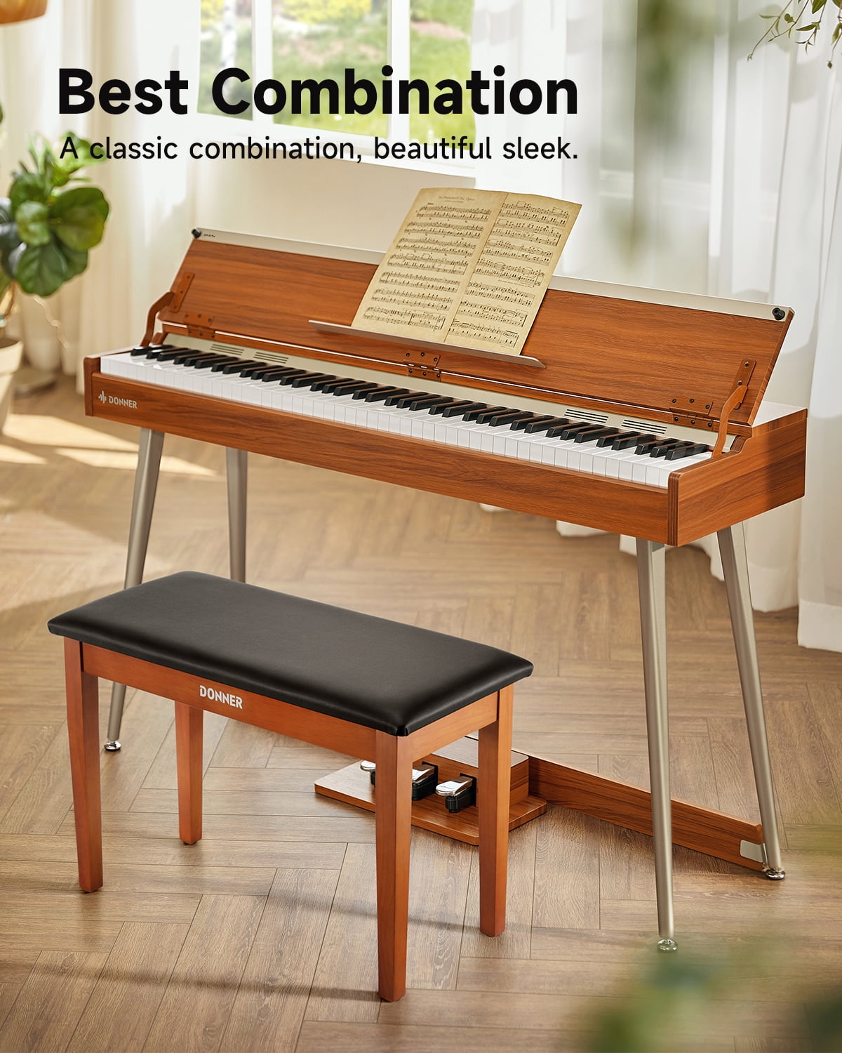 Donner Duet Piano Bench with Storage, Solid Wooden Keyboard Bench Piano Bookcase Stool Chair Seat with High-Density Sponges Padded Cushion, Wood Finish Color