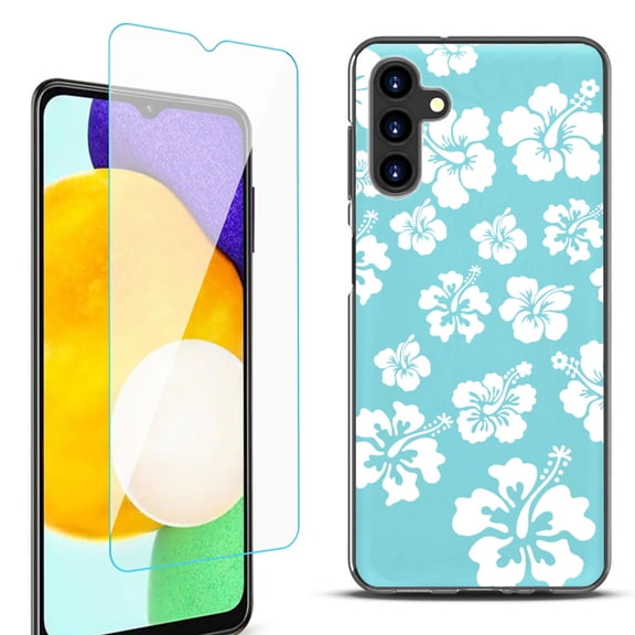 Slim-Fit Protective Fashion Phone Case (Black) for Samsung Galaxy A13 5G, with Tempered Glass Screen Protector, by OneToughShield ® - Hibiscus Teal