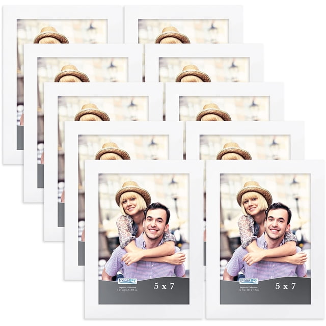 Icona Bay 5x7 Picture Frame Set (White, 10 Pack), Simple Modern Design, Table Top Kickstand and Wall Hanging Hooks Included, Impresia Collection
