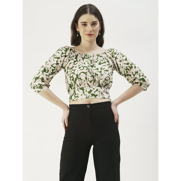 DressBerry Women's Printed Cotton Poplin 3/4th Sleeves Crop Top Round Elasticated Neck Partywear Back Ribbon Ties Casual&nbsp;Summer Wear Above Waist Regular Short Top