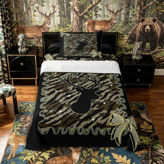 Castle Fairy Vintage Camo Deer Twin Sheets 3pcs,Kawaii Stripes Bow Bedding,Sage Black Cream,1 Fitted Sheet, 1 Flat Sheet and 1 Pillowcase