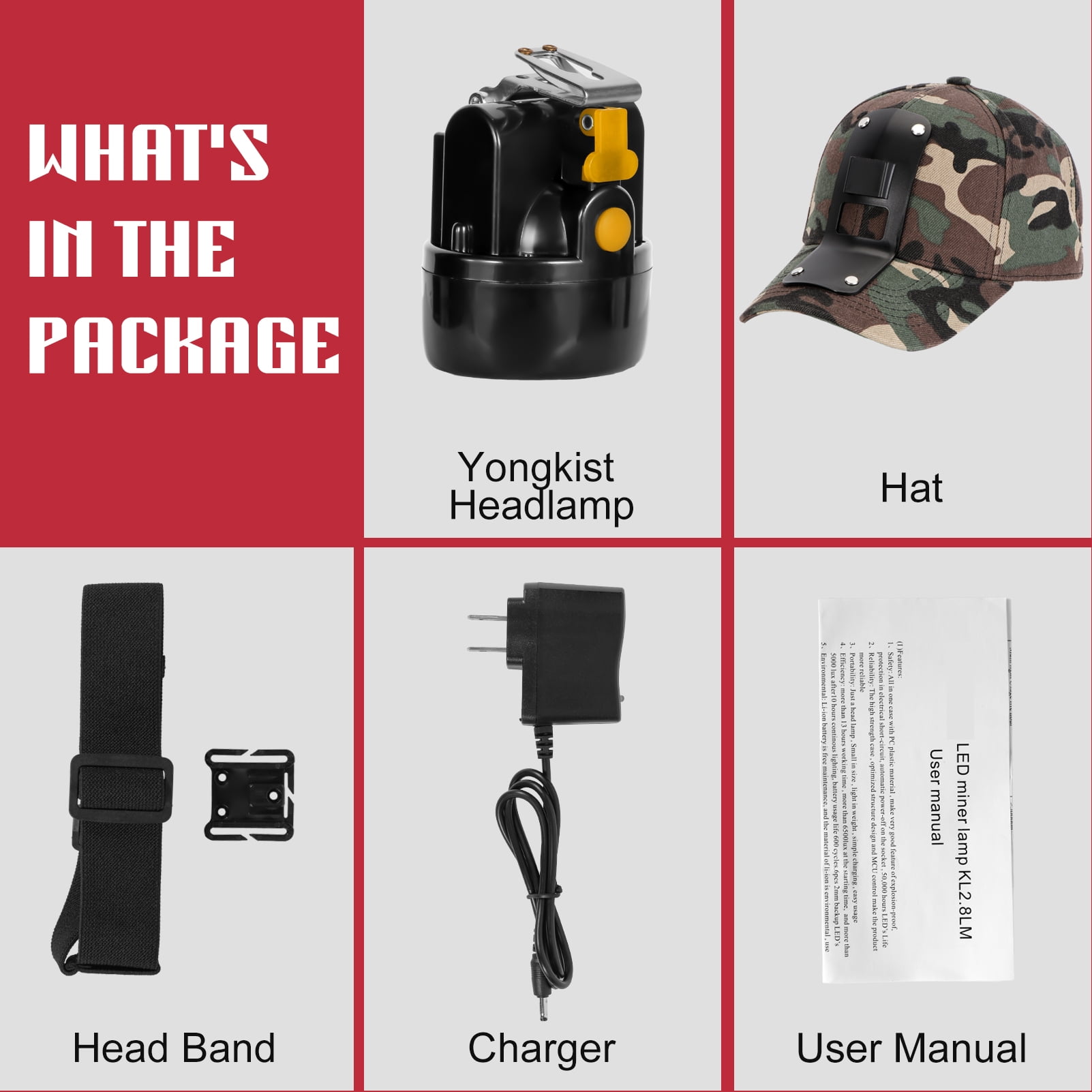 Yongkist Rechargeable LED Mining Headlamp with Camouflage Hat, High Lumens Waterproof Light, Durable and Adjustable for Camping, Hiking, and Underground Work