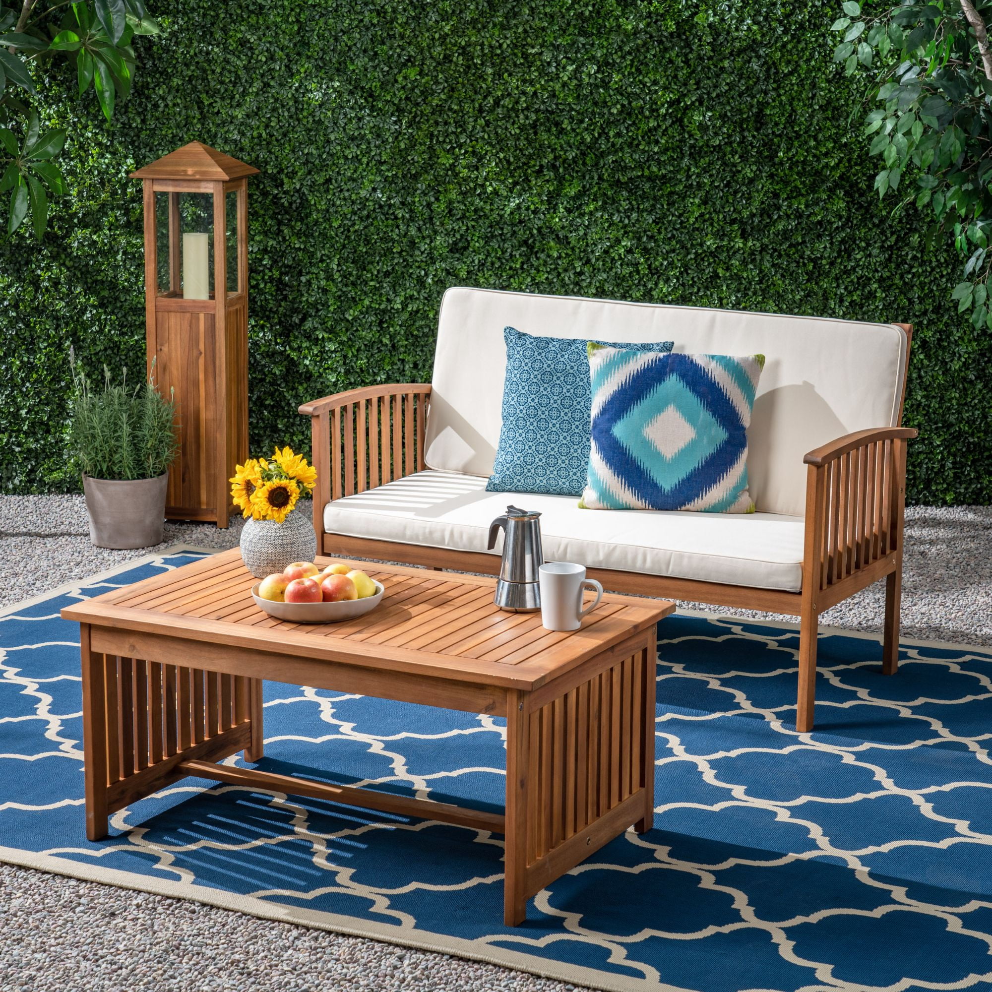 2-Piece Brown Patina Contemporary Wood Outdoor Furniture Patio Chat Set - Cream Cushions