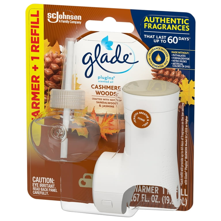 Glade PlugIns Air Freshener Starter Kit, Scented and Essential Oils for  Home and Bathroom, Cashmere Woods, 4.02 Fl Oz, 2 Warmers and 6 Refills
