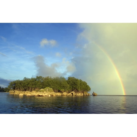 Micronesia Palua Rainstorm Approaches A Small Island Rainbow Overhead Canvas Art - Dave Fleetham Design Pics (17 x 11)
