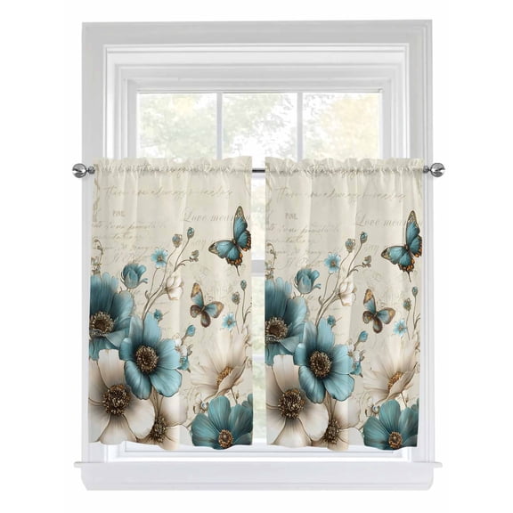 Teal Tulip Butterfly Living Room Curtains 2 Panel, Turquoise Floral Farmhouse Beige Cafe Window Treatment, Farmhouse Bedroom Bathroom Kitchen Curtains Drapes 104"x45"