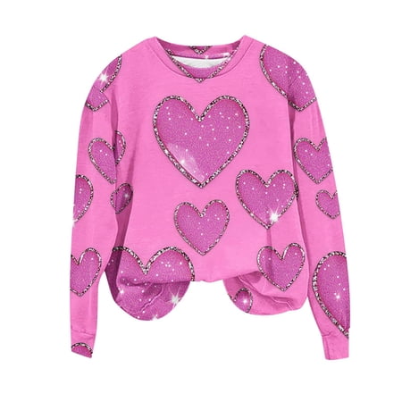 Womens Valentines Sweatshirt Trendy Love Heart and Bowknot Printed Shirt Plus Size Long Sleeve Crewneck Pullover Tops