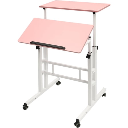 DYNAMI Mobile Stand Up Desk,Height Adjustable Standing Desk w/Lockable Wheels,Portable Rolling Desk Laptop Cart for Standing or Sitting,Panel Tiltable (24" W,Pink)