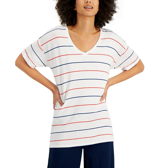 Style & Co Drapey V Neck Short Sleeve T-Shirt White Stripe XS