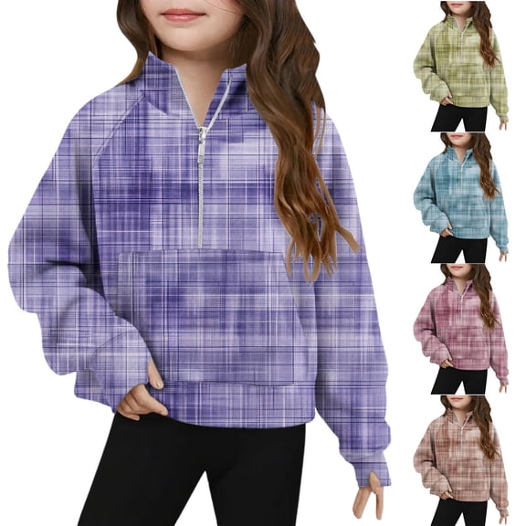 Nmnitkp Girls Half Zip Sweatshirt Long Sleeve Pullover Crop Tops Kids Lightweight Fleece Fashion Winter Clothes Purple,5 Years